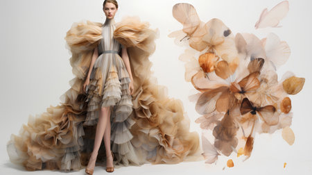 Fashion photo of a beautiful woman in elegant dress with flying feathers.の素材