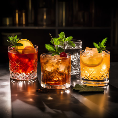 Cocktails in glasses with ice and mint on a bar counterの素材
