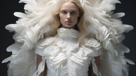 Portrait of a beautiful blonde woman in white dress and angel wingsの素材
