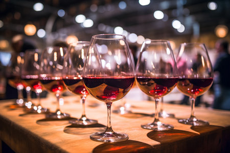 Glasses of red wine on a wooden table in a restaurant.の素材
