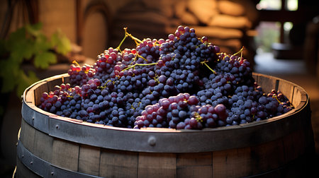 Bunch of grapes in a wooden barrel on the background of a wine cellarの素材