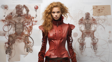 Fashion portrait of young beautiful woman in red leather jacket. Blonde girl with long curly hair.の素材