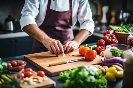 Close-up of a male chef cutting vegetables in the kitchen.の素材