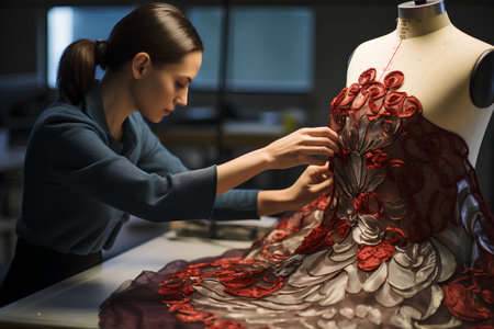 Fashion designer working on a new dress in her studio. Blurred background.の素材