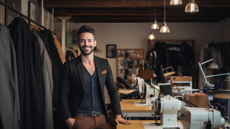 Portrait of a young fashion designer standing in his workshop and smilingの素材