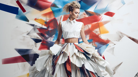 Fashionable young woman in white blouse and skirt posing with colorful papers.の素材