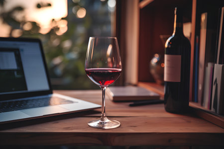 Glass of red wine on wooden table with laptop and books in backgroundの素材