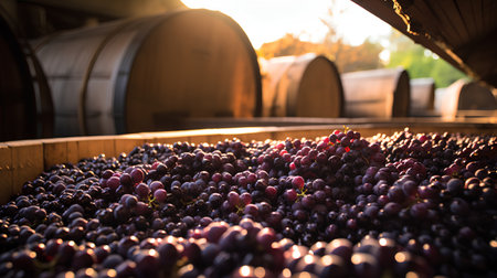 Grapes in a barrel on a winery in the sunshine.の素材