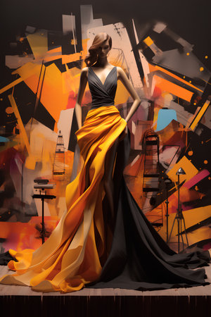 Fashion shot of a beautiful woman in a long evening dress.の素材