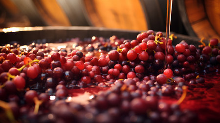 Process of making red wine in a winery cellar, close-upの素材