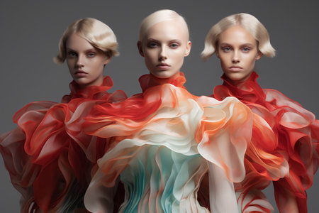 Three beautiful women with different hairstyles and makeup. Studio shot.の素材