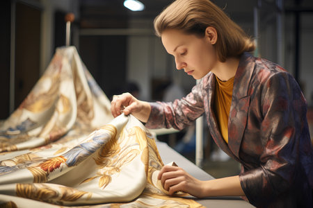 Young fashion designer working on a new collection of cloth in a studioの素材