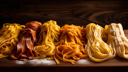 Raw homemade pasta tagliatelle on wooden background. Toned.の素材