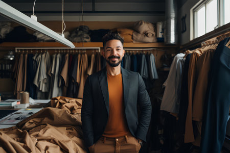 Portrait of a smiling bearded fashion designer standing in his workshop.の素材