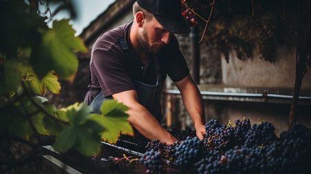 Young man working in a vineyard, harvesting red and black grapesの素材