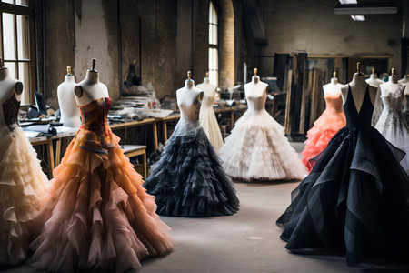 Beautiful wedding dresses in a fashion store. Fashion and style concept.の素材
