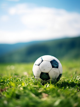 Soccer ball on green grass with blue sky and white clouds backgroundの素材
