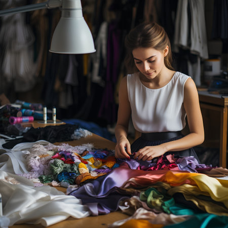 Beautiful young woman seamstress working in her workshop. Female fashion designer at work.の素材