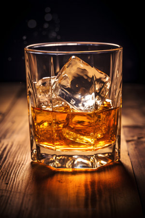 Whiskey with ice on a wooden background. Toned.の素材