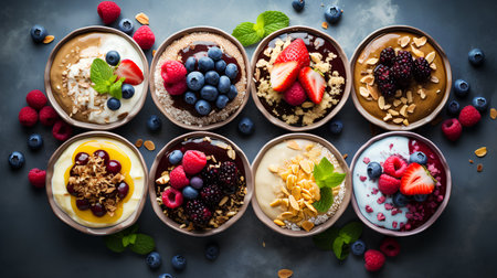 Healthy breakfast bowl with oatmeal, berries and muesli on dark backgroundの素材