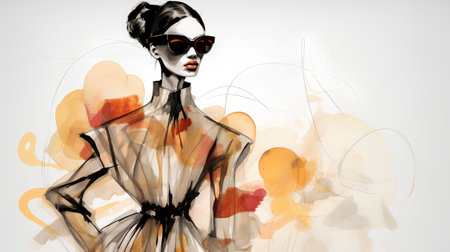 Fashion illustration of a beautiful woman in a black dress and sunglasses.の素材