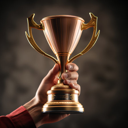 Man holding a golden trophy cup on a dark background. 3d renderingの素材