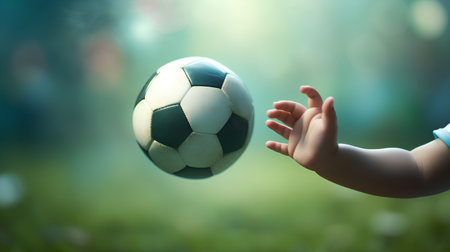 Little boy playing with a soccer ball on green grass. Close upの素材