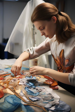 Young female fashion designer working on new collection of clothes in her studioの素材