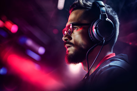 Portrait of a handsome young man wearing headphones. Disco club.の素材
