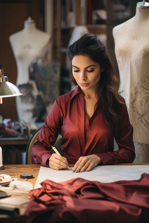 Fashion designer drawing sketches in her studio. Beautiful young woman working with sketches.の素材