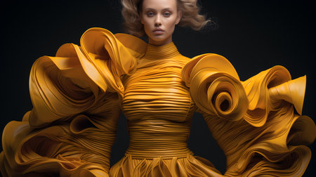 Beautiful woman in a golden dress on a black background. Fashion shot.の素材