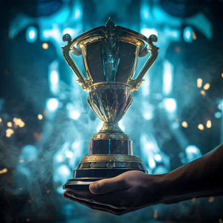 Hand holding a trophy cup on a dark background. 3d renderingの素材