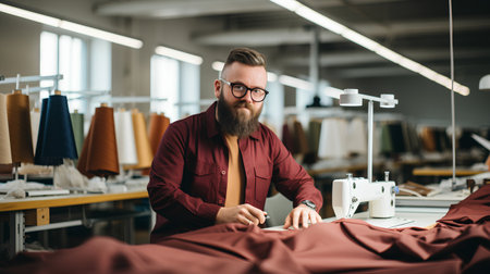 Fashion designer working on his designs in the studio. Man in a red shirt and glasses.の素材