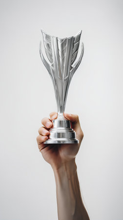 Hand holding silver trophy cup on white background. Success and victory conceptの素材