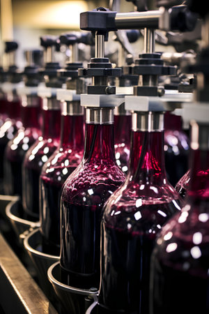 Red wine bottles on conveyor belt in wine factory, tonedの素材