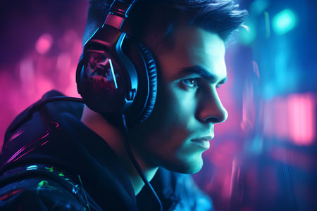 Portrait of a handsome young man with headphones. Men's beauty, fashion.の素材