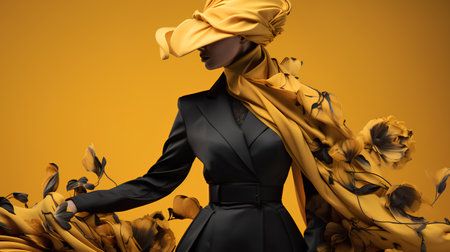 Fashionable woman in black coat and turban on yellow backgroundの素材
