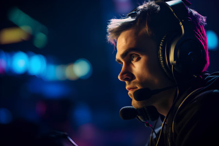 Young man in headphones playing a game on a dark background. Music concept.の素材