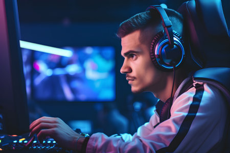 Portrait of a young male gamer playing in a video game.の素材