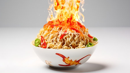 instant noodle with fire flames isolated on a white background.の素材