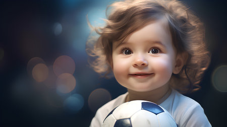 Portrait of a cute little boy with soccer ball on dark backgroundの素材