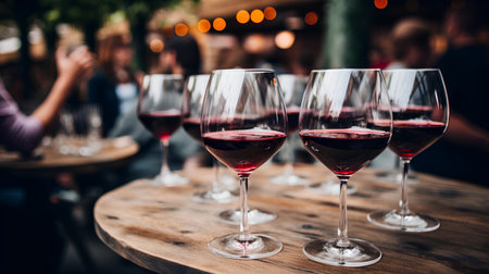 Glasses of red wine on a wooden table in a restaurant.の素材