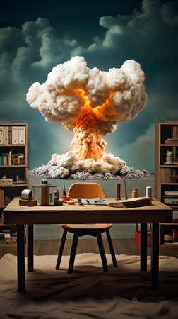 3d illustration of explosion over the table in the office at nightの素材