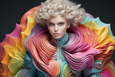 Beautiful blonde woman with curly hair and colorful silk scarf. 3d renderingの素材