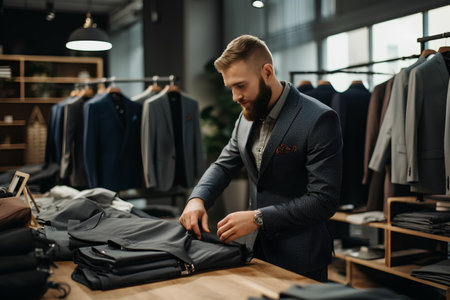 Handsome bearded man choosing a suit in a clothing store.の素材