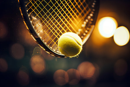 Tennis ball and racket on a dark background with bokehの素材