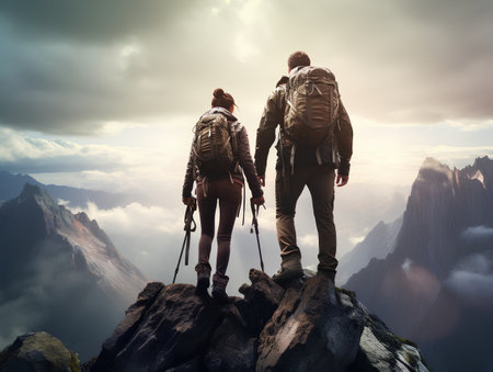 Couple of travelers with backpacks standing on top of the mountainの素材