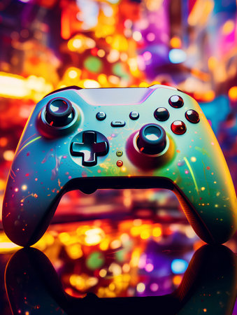 video game controller on the background of the colorful lights of the night cityの素材