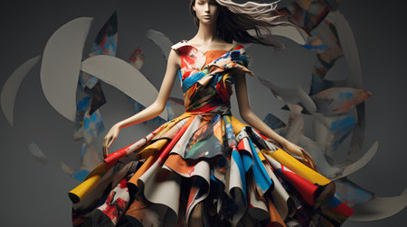 Fashion photo of a beautiful young woman in a colorful dress.の素材