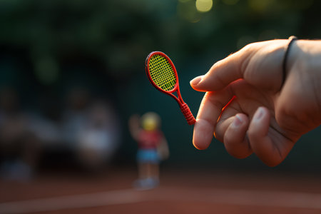 Man hand holding a tennis racket on the background of a tennis courtの素材